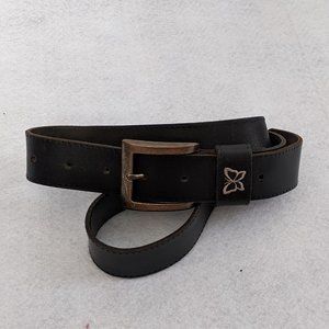 Black Leather Adjustable Belt with Butterfly-Embroidered Tab, 36 inches
